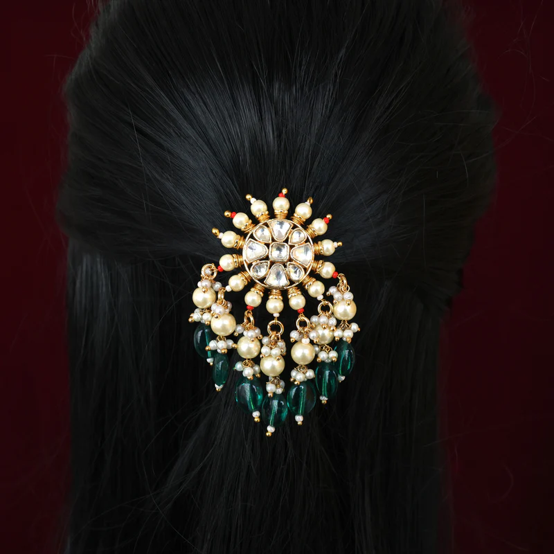 Handmade Pachi Kundan Bridal Hair Choti – Pearl Bead Drops
